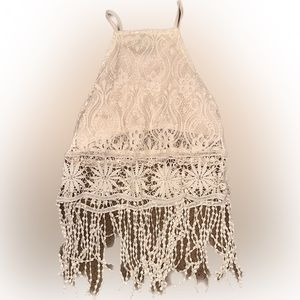 White TULUM Vibes Tank Top Aztec Floral Designs with Hanging Tassels Crop Top